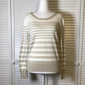 Worthington White Gold Striped Round Neck Long Sleeve Sweater L
